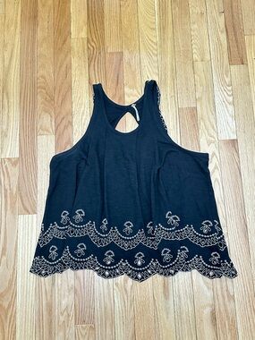 Free People Black Tank Top with Cream Embroidered Hemline